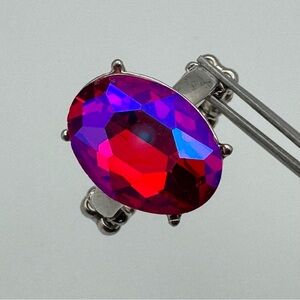 Silver Tone Stretch Ring Faceted Red Pink Purple Glass Statement Ring